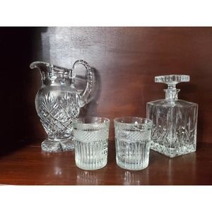 Vintage Crystal Bar Set, Decanter Water Pitcher & 2 Double Whiskey Tumblers